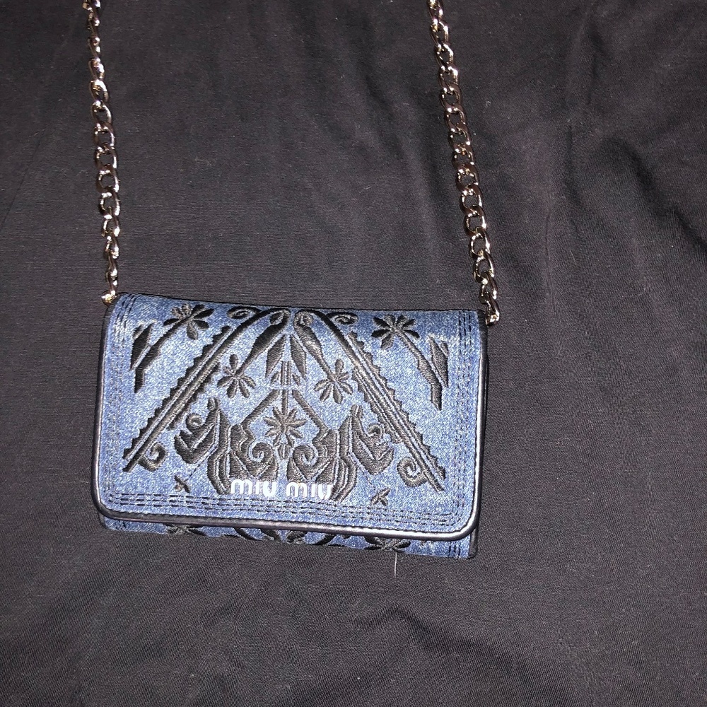 🔴 closet clear out!!  💯 auth MIU MIU denim  embroidered wallet with chain